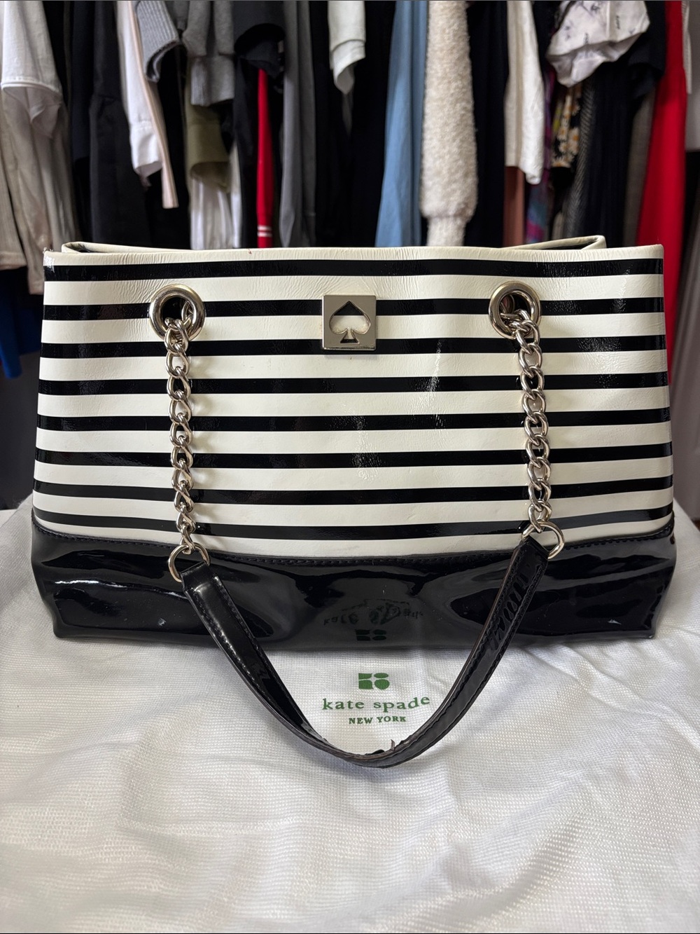 kate spade Black and White Striped Patent Tote with Chain Handles